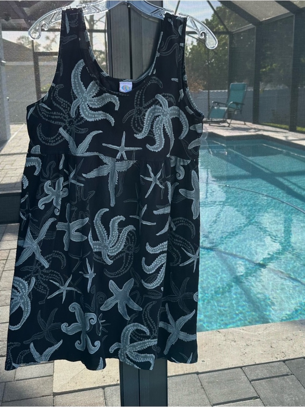 Coastal Starfish Print Black/White/Gray Cotton Casual Dress/Beach CoverUp, Sz.L
